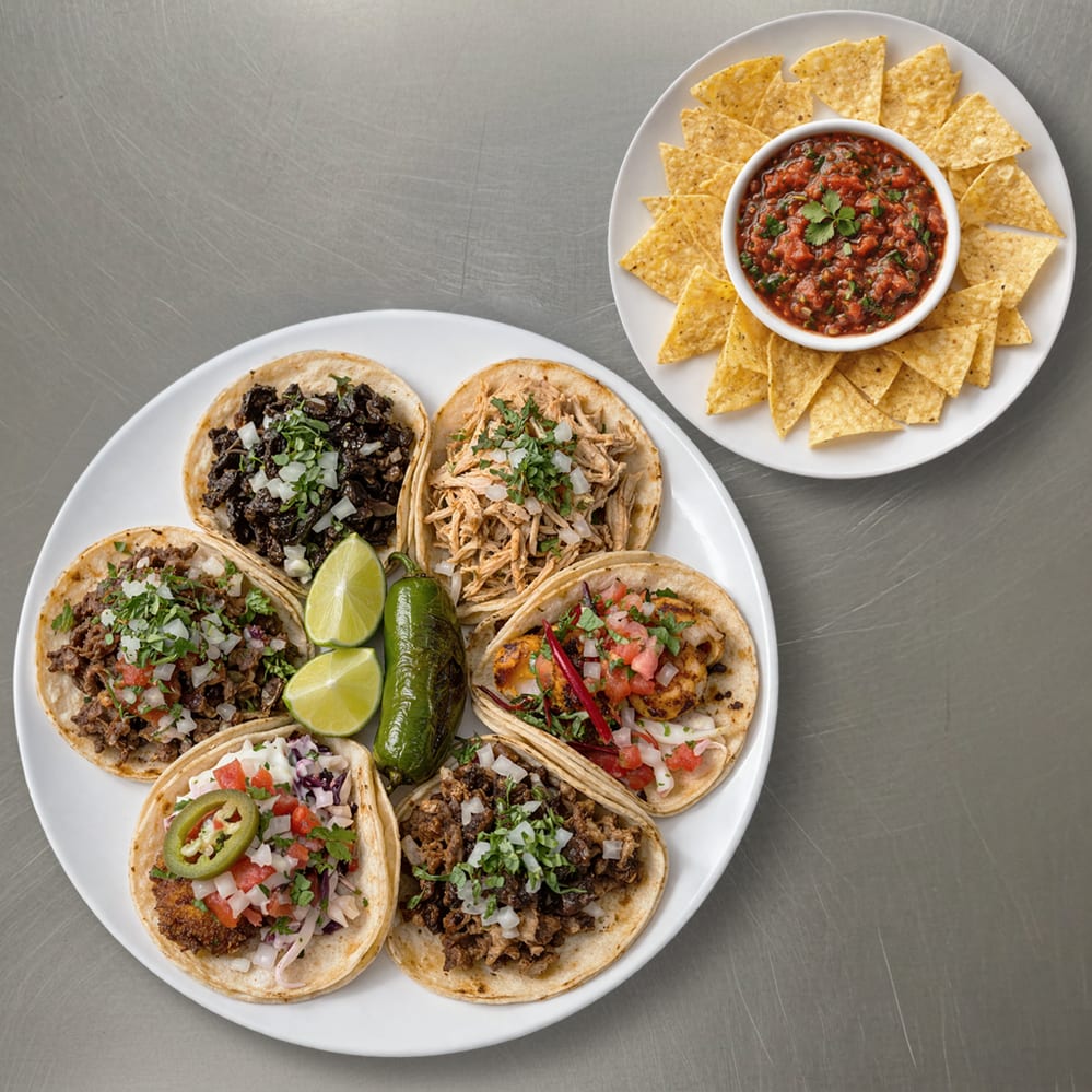 6 Tacos+Rice and Beans or Chips and Salsa.