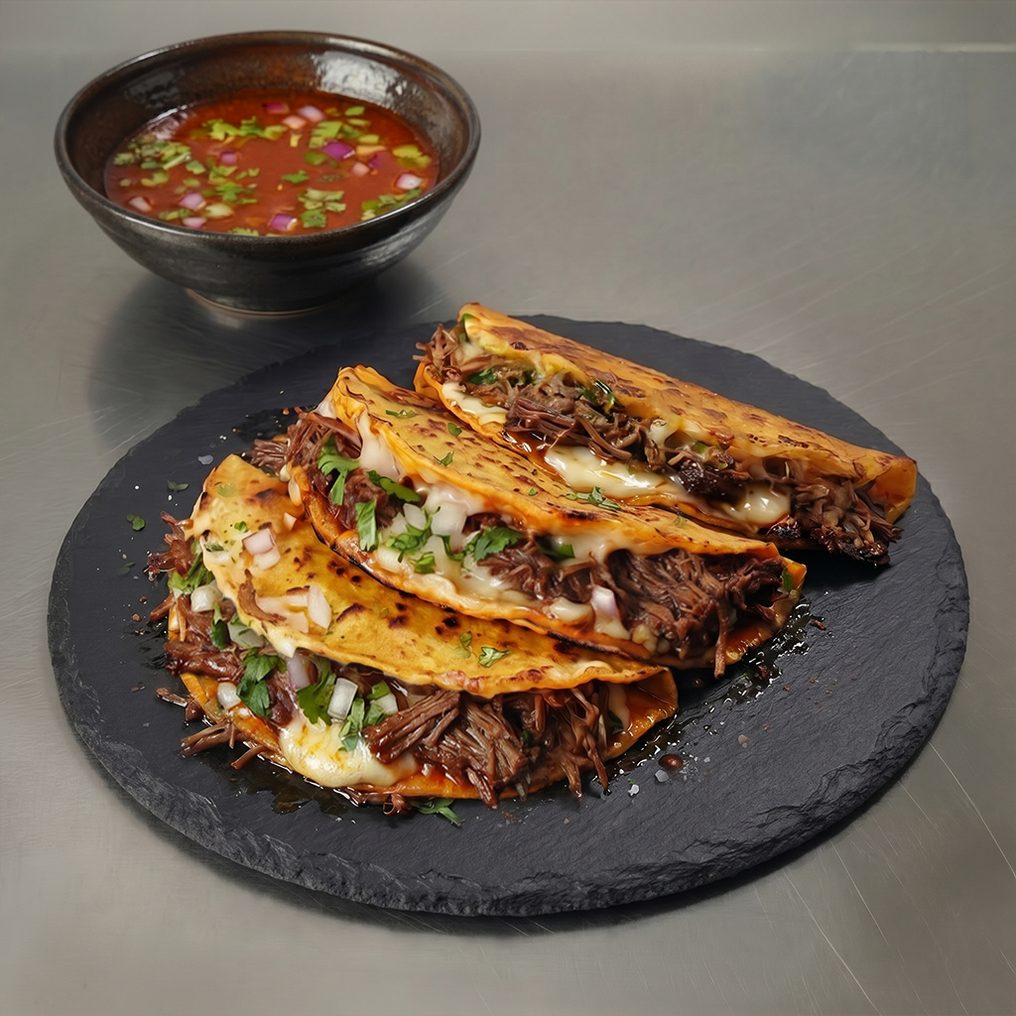 3 Birria tacos with consommé.